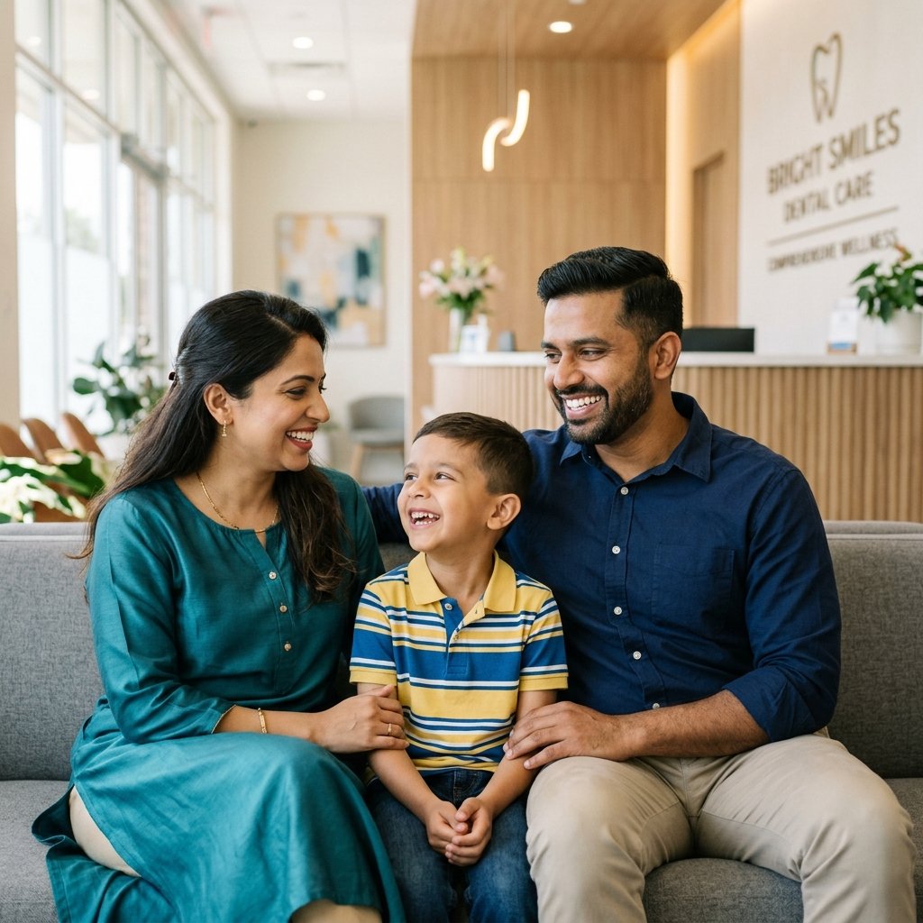 Indian family smiling at Aura Dental Care lobby